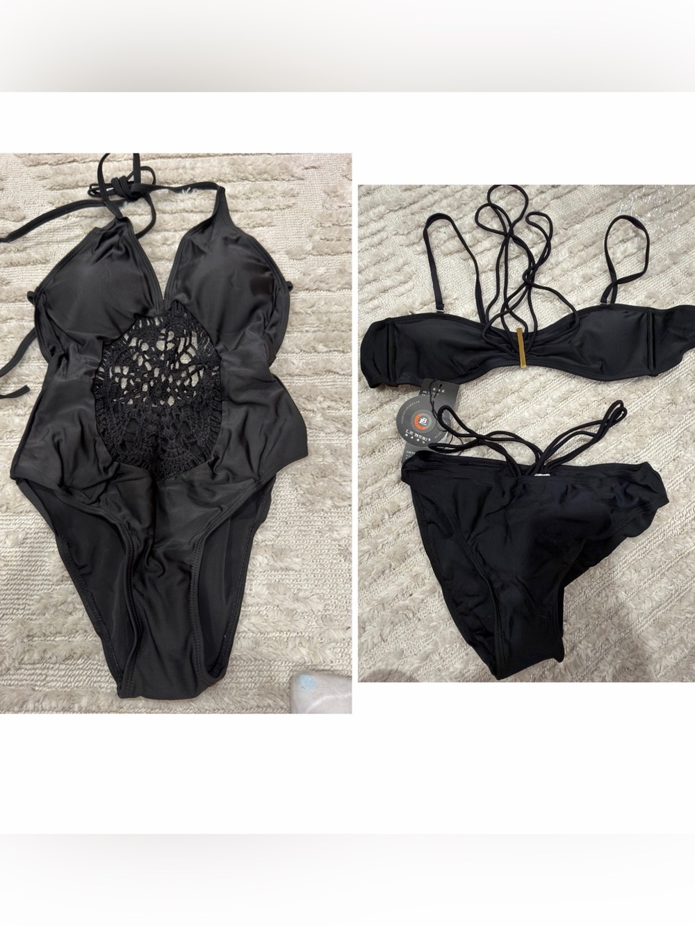 New Black Crochet Cutout One-Piece Swimsuit + Strappy Bikini Set